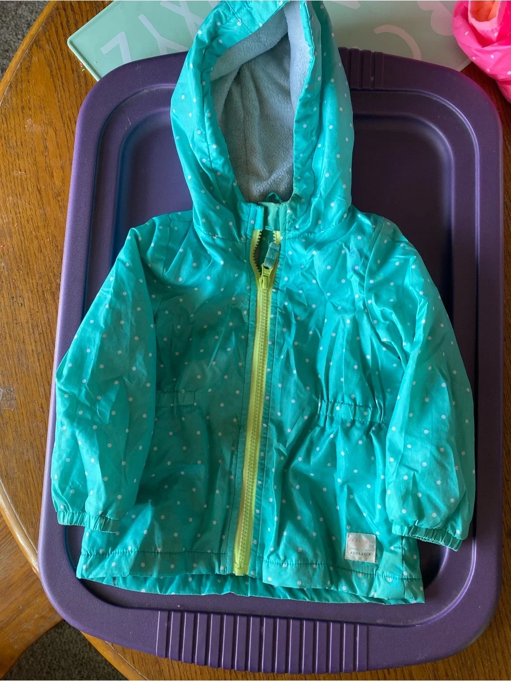 Carter's Aqua Polka Dot Hooded Jacket with Yellow Zipper